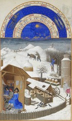 Limbourg Brothers , Jan, Herman, & Pol (Nijmegen/Bourges) February. Tres Riches Heures of the Duke of Berry. c. 1413-16 (Chantilly, France) Early Netherlandish -Limbourg brothers produced this prayer book for the brother of the Duke of Berry -numerous full page illuminations (the picture is 'light' within the book) -brilliantly decorate the interiors of these books -close to 200 illuminations inside -calendar is at toop of page (january at left and February on other side) -signs of zodiac that are marching across the top of pages -calendars were a way of keeping track of religious peace days -Duke's court: he is seated behind the table, talking to well dressed individuals, servants, hanging on wall behind fireplace is a tapestry of on of the -very indulgent duke , owner of many manuscripts -the peasant secular page, are strictly about the calendar, secular life scenes related to the calendar -outside the farmstead where they leave, sheep, birds eating grain -observation of nature, very much opposes medieval work -classical reference: image of Apollo, God of the sun is shown moving the calendar from january to february -but not depicted with classical intent -looking at classical sources and nature (two things that compel the Rennaisance )