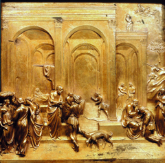 -Lorenzo Ghiberti, Italian, The Story of Jacob and Essay, Detail of the Gates of Paradise, baptistery of Florence, 1425-1452, Early Italian Renaissance -three part story