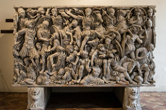 Ludovisi Battle Sarcophagus Late Imperial Roman. c. 250 C.E. Marble Change the ideas about cremation and burial. Extremely crowded surface with figures piled on top of each other. Figures lack individuality, confusion of battle is echoed by congested composition, and Roman army trounces bearded and defeat Barbarians.