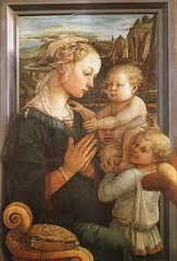 Madonna and Child with Two Angels Fra Filippo Lippi. c. 1465 C.E. Tempera on wood Mary's hands are clasped in prayer, and both she and the Christ child appear lost in thought, but otherwise the figures have become so human that we almost feel as though we are looking at a portrait. The angels look especially playful, and the one in the foreground seems like he might giggle as he looks out at us.