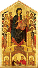 Madonna Enthroned with Angels and Prophets by Cimabue, Proto-Renaissance 
- Tempura on wood
- Formality of style dignifies theme presented, modeled after Byzantine examples, structural balance/background, gold accents to pull out detail to show folds, natural, 3D
- deeper space to sit in, but no/little body contour
- 2/3 tilt of head to viewers by lower people, more awareness/faith
- Christ-child unnatural