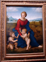 Madonna in the Meadow by Raphael, High Ren
- multiples 
- inspired by fra filipilipi's 
- oil on panel
- pyramidal compositions
- playful babies, realistic, human interaction between them
- thin-lined halos, subtle, still holy
- modeling of faces in slight chiarroscuro 
- 3-dimensionality 
- realistic, light nature setting - light feathery trees, lighter tones to colors