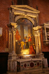 Madonna of the Pesaro Familiy by Titian, Venetian
- Canvas inside architectural arch 
- Bishop Pisaro, papal fleet 
- successful expedition during venetian- turkish war
- Madonna receiving commander, who is kneeling, soldier behind = st george? 
- borgia pope line
- individual w/turban - turkish hostage, success of venice 
- st peter recording on book 
- st francis present, presenting rest of pissaro family members
- everything diagonally-based, madonna out of center, focus on pisarro 
- banner gives other diagonal, balanced
- courtly splendor
- monumental figures - single or in groups, majesty of event itself