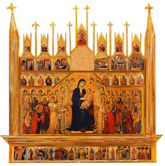 Maesta Altarpiece by Duccio, Proto-Renaissance
- tempura on wood w/scenes on both sides, 7' tall 
- duccio's prayer at bottom for himself, siena, siena's churches, all churches 
- predella raised shelf, main part of altar
- madonna enthroned as queen of heaven w/throngs people around her
- figures are types
- more relaxation, less rigidity, softened contours/drapery, much more fluid, flow with more curves, more loose, softness of foldings
- related to life of virgin, modeling of forms in images 
- color and texture manipulation, learn by observation, 
- back: scenes from life of christ, passion, ressurection and etc