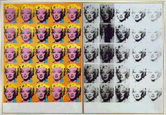 Marilyn Diptych Andy Warhol. 1962 C.E. Oil, acrylic, and silkscreen enamel on canvas Marilyn Diptych he has produced effects of blurring and fading strongly suggestive of the star's demise. The contrast of this panel, printed in black, with the brilliant colors of the other, also implies a contrast between life and death. The repetition of the image has the effect both of reinforcing its impact and of negating it, creating the effect of an all-over abstract pattern.