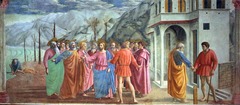 Masaccio, Italian, The Tribute Money, c. 1427, Early Italian Renaissance -Comissioned by the Brancacci family for the Brancacci family shape of Santa Maria del Carmine in Florence -Christ direct St. Peter to the shore of Lake Galilee, there as Christ foresaw, Peter finds the tribute coin in the mouth of a fish and returns to pay the tax. -Tribute Money could be a commentary on the income tax that Florentines were considering implementing at the time -was in a private family chapel, so public did not have access, -Masaccio decided to divide the episodes into three separate area. In the center, Christ and his disciples, tells Saint Peter to rerieve coin, at left, St. Peter finds coin rom fish's mouth. - at the right, he thrust the coin into the tax collectors hands _Massacio's figures recall GIotto's in the simple grandeur, but they convey a greater psychological and physical credibility -he created a sculptural weight to the figures using light and shadows, -they move freely and reveal body structure beneath their heavy fabric clothes, they are not stiff screen, instead groups them in circular depth surrounding CHrist -vanishing point is found where the orthogonals converge at Christ's head, -Atmospheric perspective is also used, -Painted shortly before his death, Masaccio depicts a seldom represented theme from the Gospel of Matthew -a tax collector confronts Christ at the entrancef a Roman town and Christ -Christ in the center is telling St. Peter to pay the tax collector -Peter obeying Christ in front of the other desipals, taking the coin form the mouth of the fish pays the tax man (three part) -single figure represented more than once in a narrative context in parts of the image (simultaneous representation) -Christ telling Peter to do this (central part of narrative) -correct human proportions , uses linear perspective, parallel lines of architecture off to the side, meets are eye off to the distance out into a vanishing point near where the head of Christ is -figures are heavy, belong in the space the artist provides, have a sense of mass, how do you reveal the body when body is draped, want body and drapery to work together -St Peter: can identify waist, can see knees -not much going on in landscape, has to move quickly before it dries -gernata (days work), artist works very carefully for one day, can see line where plaster joins, worked for one day on Christ(mark the edges of the gernata