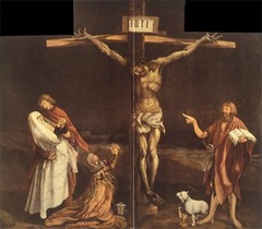 Matthias Grunewald
Center panel from Isenheim Altarpiece (closed) 
Isenheim, Germany 
ca, 1510-1515
Oil on wood
- Crucifixion in the center, reflects Catholic beliefs and incorporates several references to Catholic doctrines, such as the lamb (symbol of the son of God), whose wounds spurts blood into a chalice