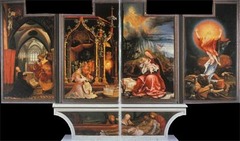 Matthias Grunewald
Isenheim Altarpiece (closed) 
Isenheim, Germany 
ca, 1510-1515
Oil on wood
- Befitting its setting in a monastic hospital, this altarpiece includes painted panels depicting suffering and disease but also miraculous healing, hope, and salvation