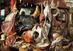 Meat Still Life by Aertsen, 16th Cen N Ren
- Genre (everyday) scene - array of meats: side of hog, intestines, meat pies, animal heads, entrails, chickens. Also: fish, pretzels, cheese, butter, stragically placed moral images.
- Back: Joseph leading Donkey and Mary, stops to offer alms to beggar and son, group of people going to church (vignettes)
- Fish crossed = Christ - crucifixion
- Pretzel - served as bread during lent
- Wine - eucharist
All spiritual foods 
- Contrasted w/life of gluttony, lust, sloth. Right: people eating, crowding, etc :l 
- Oyster and mussel shells - aphrodesiac - succumbing to lust