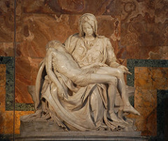 Michaelangelo, Pieta, 1498, St. Peters, Rome, marble 
-commisioned by St. Peter 
-intended to be a funerary monument 
-Mary mourning Christ's death 
-Mary's heavy drapery hides her size 
looks very young 
-not much emphasis on her facial features 
-very serene 
-elongated body of Christ
-Christ depicted nude, nudity is considered the highest form of idealization 
-unpainted as Michaelangelo preferred to maintain the purity of white marble
