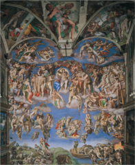 Michelangelo, Italian. Last Judgment, Sistine Chapel, , 1536--41. High Renaissance. -Paul III's first papal commission, for the altar wall of the Sistine Chapel -Michelangelo depicts Christ as the stern judge of the world, a mighty giant, he raises his mighty right arm in a gesture of damnation so broad and universal as to suggest he will destroy all creation -Olympian Pagan depiction, suggests connection High Renaissance artists felt between classicalism and Christianity -The choirs of heaven around him pulse with anxiety and awe -martyrs are depicting, some who endured agonizing deaths (st. bartholomew, who was skinned alive, its face a grotesque self-portrait of Michelangelo