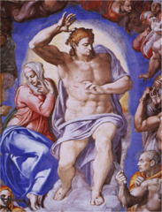 Michelangelo, Italian.
Last Judgment, Sistine Chapel, and detail of Christ&Mary, 1536--41.
High Renaissance.