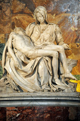 Michelangelo, Italian. Pieta, 1498—1500. High Renaissance. Michelangelo's wanderings took him to Rome around 1498, this is his first masterpiece, commissioned for a French cardinal. -the cardinal commissioned the statue to darn the chapel in Old Saint Peter's in which he was to be buried -The theme: Mary cradling the dead body of Christ in her lap, a staple of the repertoire of French and German artists -The Italian, hover, rendered the Northern theme in an unforgettable manner. -he transformed marble into flesh, hair, and fabric with a sensitivity to texture -captures the tender sadness of the beautiful Mary as she mourns the death of her son -she appears almost younger the Christ (subject of controversy) - he explained this as an integral part of her purity and virginity, Christ seems less to have died that to have drifted off into a peaceful sleep, wounds are invisible -interest in anatomy and naturalistic form, idealized and modeled after sculptures of antiquity