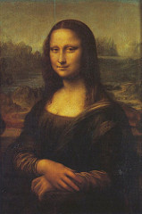 Mona Lisa by Leonardo Da Vinci, High Ren
- ridiculously small
- wife of banker named Giocondo
- Mona = italian contraction of 'madonna', Lisa = first name
- individual representation, not iconostasis
- originally framed w/columns
- half-length portrait 
- quietly folded arms as she looks out at viewer, disturbing because her look is so direct 
- mysterious quality: smile w/chiaroscuro lighting, reveals human psychology - disguises her here
- light subtle enough that planes look blurred - sfumato 
- ambiguous landscape - blended into it w/light and shadow in her garmet
- light and shadow on veil 'caressses' face 
- right: more light, left: shadow, very sly, no eyebrows=more shadow
- hands are beautiful - very smooth, delicate - took out creases, graceful