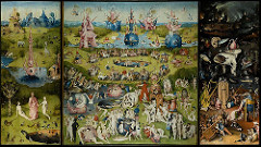 Name: Garden of Earthly Delights
Date: 1505-1510
Artist/Architect:Hieronymus Bosch
Period/Style:15th Century Flemish Art 
Original Location: Palace of Henry III of Nassau in Netherlands
Material/Technique: Oil on wood
Function: It is a painting on a triptych. The extreme subject matter of the inner center and right panels make it unlikely that it was intended to function in a church or monastery, but was instead commissioned by a lay patron.
Context/relevant ideas relating to artwork: In the left panel, God presents Eve to Adam in a landscape, possibly Garden on Eden. The right panel bombards viewers with the horrors of Hell. The huge central panel depicts nude people in a landscape of bizarre creatures, unidentifiable objects, and fertility symbols.
Descriptive terms:enigmatic, 7ft, 12 feet wide, secular commission, marriage, sex, procreation, wedding commemoration,
Meaning of the work/message of work: serves as a warning to viewers of the fate awaiting the sinful, decadent, and immoral.