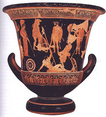 Niobides Krater Anonymous vase painter of Classical Greece known as the Niobid Painter. c. 460-450 B.C.E. Clay, red-figure technique By bringing in elements of wall paintings, the painter has given this vase its exceptional character. Wall painting was a major art form that developed considerably during the late fifth century BC, and is now only known to us through written accounts. Complex compositions were perfected, which involved numerous figures placed at different levels. This is the technique we find here where, for the first time on a vase, the traditional isocephalia of the figures has been abandoned.