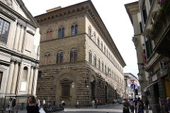 Palazzo Medici-Riccardi by Bartolomeo, 15th Cen. Italian Ren.
- boom of palace-building
- heavy cornice line, solid and fortress-like
- focus on 3 registers on facade, descending height
- rough stone on bottom, clear-cut near top 
- arches relief around windows 
- built around open-colonnaded courtyard