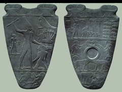 Palette of King Narmer Pre-dynastic Egypt. c. 3000-2920 B.C.E Greywacke Egyptian archelogical find, dating from about the 31st century B.C, containing some of the earliest hieroglyphic inscription ever found.