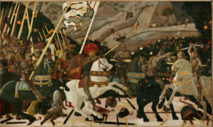 Paolo Uccello, Italian. Battle of San Romano, c. 1455. Early Renaissance. -Teh interest in linear perspective, and the secular focus in Florentine art is sine of Early Italian Renaissance -the scene commemorates a Florentine victory over the Sienese in 1432, it recognizes Florentine victory but also acknowledges the Medici in symbolic form: he bright orange fruit placedbehing the unbroken sturdy lances, symbolizes the Medici family, as oranges were medical apples and Medici means doctor -linear perspective is empliyed, rationalized vision (very humanist) -orthogonals converging at vanishing point at the horizon -gives a sense of space They are significant as revealing the development of linear perspective in early Italian Renaissance painting, and are unusual as a major secular commission. The paintings are in egg tempera on wooden panels, each over 3 metres long. According to the National Gallery, London,[1] the panels were commissioned by a member of the Bartolini Salimbeni family in Florence sometime between 1435 and 1460. The paintings were much admired in the 15th century; Lorenzo de' Medici so coveted them that he purchased one and had the remaining two forcibly removed to the Palazzo Medici. They are now divided between three collections, the National Gallery, the Galleria degli Uffizi, Florence, and the Musée du Louvre, Paris.