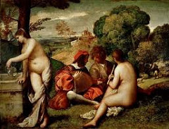 Pastoral Symphony by Giorgione, Venetian 
- dense shadows in background - make figures emerge softly out of the shadow, hazy darkness, shadowed background
- theme of nude women w/clothed men in landscape setting w/shepherd in background 
- distance : villa on hillside
- evokes pastoral mood w/shepherd as poet, pipes and lute = poetry, 2 women actually invisible muses, Georgione's poetry
- getting water - well of poetic inspiration
- modeling through shadows, voluptuous women = abundancy of poetry, nature 
- lost but unforgotten paradise