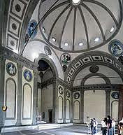 Pazzi Chapel by Brunelleschi, 15th Cen. Italian Ren
- plan done mathematically 
- circle in center, semicircular sides
- square/rectangular bases
- white w/ornamentation pietra serena on inside - balance and symmetry w/geometry
- dual archways opposite each other, with 2 barrel vaults, typanum matching archways
- power to withold walls 
- medalions match in parallels, englazed terracotta relief
- 12 apostles in panels 
- dome 4 evangelists, ribbing