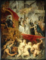 Peter Paul Rubens. Flemish Marie de Medici Arrives at Marsailles, 1621—25. Baroque. -lots of classical refernces, born to shore by myriads and tritons of the sae blowing trumpets, Marie de Medici desembarks ready to wed, greeted by personification of France -allegory -so big he could not paint themselves turns design over to his owrkshop, provides and oil sketch of the compisiton -this is the finish product is the product of a laong process, Rubens would ocme in and make changes -