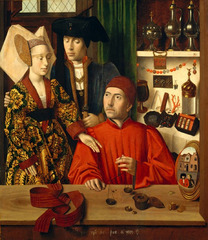 Petrus Christus. Flemish. St. Eligius in his G0ldsmith's Shop. 1449. Late Netherlanderish/Northern Renaissance -Commissioned by the Bruges goldsmith's build chapel -portrays Saint Eligius (who was initially a master goldsmith before committing his life to God) sitting in his stall, showing an elegantly attired couple a selection of rings. -the bride's betrothal girdle lies on the table as a symbol of fertility and the woman reaches for the rind the goldsmith weighs, -The artist includes a crystal container for Eucharistic wafers (on the lower shelf to the right of St ELigius) supports a religious interpretation of the painting and continues the Flemish habit of every day objects having secret religiuous meaning -although it suggests a marriage portrait, it is assumed that the goldsmiths' guild in Bruges commissioned the painting. Saint Eligus was the patron cain of blacksmiths and metalworkers all of whom shared a chapel in a building adjacent to the meetinghouse. -This would make sense as the painting depicts an economic transaction and focuses on the goldsmith's profession -the variety of the objects depicted in the painting serves as an advertisement for the goldsmiths guild. -All the meticulously painted objects attest to the centrality and importance of the goldsmiths to both the secular and sacred communities as as to enhance the naturalism of the painting. The convex mirror in the foreground showing another couple and a street serves to extend the painter's save into the viewer's space, further creating the illusion of reality.