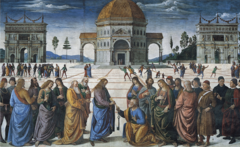 Pietro Perugino, Italian. Christ Delivering the Keys to St. Peter, 1481-83. Sistine Chapel, Rome. FRESCO Early Renaissance. -Commissioned by the Pope in late 15th century, who summoned artists including Boticelli to Rome to decorate the walls of the newly completeld Sistine Chapel. - -Perugino was one of the painters the Pope employed -The papacy (Authority of the pope) based its claim of total authority of the Roman Catholic Church on this one biblical event -In Perugino's version, Christ hands the keys to Saint Peter, who stands amid an imaginary gathering of the 12 apostles and Renaissance contemporaries -These figures mark the foreground of a great stage created by the converging orthogonals that extend into the distance at a vanishing point (temple's doorway) -duplicate triumphal arches serve as base for distant compositional triangle whose apex is at the center building -he modeled after antiquity, similar to Arch of Constantine -the arches parallel the close ties between St Peter and Constantine -incorporated all the learning of the generations