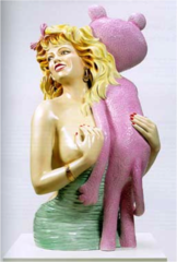 Pink Panther Jeff Koons. 1988 C.E. Glazed porcelain This piece is a part of his Banality series. It is a reflection of pop culture, juxtaposing the namesake popular children's' cartoon character with Jayne Mansfield, a sex symbol. Four essentially identical Pink Panther sculptures exist. They are an example of kitsch, meant to appeal to the masses. This piece later grew to be considered high art due to its popularity.