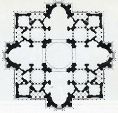 Plan for new Saint Peter's by Bramante, High Ren
- To be in Vatican, colassal splendor? 
- cross w/equal length arms, end in apse
- crossing = large dome w/additional domes over side chapels
- main dome meant to be size of pantheon
- inside: intricate deisgn similar to crystal, 9 interlocking crosses .. 5 domed 
- sculpted onto medal showing grandeur
- bramante died in middle, michelangelo finished it off 
- houses julius's tomb, marks st.peter's grave