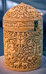 Pyxis of al-Mughira Umayyad. c. 968 C.E. Ivory The Pyxis of al-Mughira, now in the Louvre, is among the best surviving examples of the royal ivory carving tradition in Al-Andalus (Islamic Spain). It was probably fashioned in the Madinat al-Zahra workshops and its intricate and exceptional carving set it apart from many other examples; it also contains an inscription and figurative work which are important for understanding the traditions of ivory carving and Islamic art in Al-Andalus.