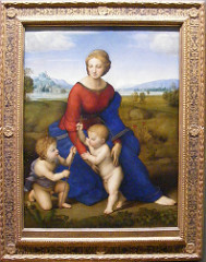 Raphael. Italian. Madonna on the Meadow. 1505 high Renaissance -Raphael spent the four years of 1504-1508 in Florence. -he discovered da Vinci to be a better artist than his previous guy, Perugino -Under Leonardo's influence, he adopted here his pyramidal composition and modeling of faces in a subtle chiaroscuro -BUT she placed the figures in a Peruginesque landscape,Raphael preferred clarity to mystery, not fascinated with mystery like de Vinci -High Rennaisance: high water mark the peak of renaissance of art -immitation of classical art form idealization of the human figure, sense of balance and gracefulness summed up in high renaissance -Raphael -1480-1520 (very short period for high renaissance) -idealism: human body made to appeared in most perfect harmonious render These madonnas are hallmark of Raphael's early style before he goes to Rome, makes his reputation -works often for private patrons Christ child with hallow, infant John the baptist, form a traingle -pyramidal composition (high renaissance very geometric stable compositions) -abstract grouping, look natural and graceful, two babies are part of the outline of the composition -stability, geometry, balance within the composition, -madonna is beautifully proportioned, Very sculptural, can feel them with your eyes, bright colors Red and blue and green and yellow Primary colors used to make pictures more radiant There is no narrative, simply an iconic image of the madonna for mediational purposes/ devotional Very deep perspective atmospheric perspective Italians adapted atmospheric perspective, grey blue mountains in the distance (adapted from northern renaissance) LOOK AT OTHER MADONN AND MEADOWS Tongo, circular composition, figures fit perfectly within, figures react to circular outline of the frame, the curve of the elbows and tilt of the head mirror the circular frame Show emotional stability, inner confidence that associate with high renaissance, very much the same as high classical Greek art -THE MOADONNA WITH THE CHAIR