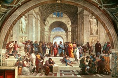 Raphael, School of Athens,1509-11, 
covers 4 walls: each wall represents a different idea such as philosophy, theology, blend of human ideas with religious ideas which is very new of the time period 
plato and Aristotle holding their respective books in the center, surrounding by similar philosophers. Euclid near Aristotle as they are both mathematical, but Pythagorus and Plato who are more focused on the ideal 
greek gods in background and roman architecture such as barrel vaults and pilasters: showing respect of the knowledge of greek and romans 
pays homage to Michelangelo by depicting him seated with the philosophers 
moses holding the 10 commandments 
the bread===link between heaven and earth 
members of religious orders, Dante the poet 

PLATO POINTS TO HEAVEN AS HE IS INTERESTED IN THE IDEAL AND PERFECTION WHILE ARTISTOLE'S BOOK POINTS DOWNWARD BECAUSE HE IS INTERESTED IN EARTHLY THINGS SUCH AS MATH AND SCIENCE
the figures are coming to divine knowledge through these philosophers