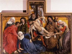 Rogier van der Weyden
Deposition, center panel of a triptych 
Louvain, Belgium
ca. 1435 
Oil on wood
- Deposition resembles a relief carving in which the biblical figures act out a drama of passionate sorrow as if on a shallow theatrical stage.