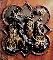 Sacrifice of Isaac by Ghiberti, 15th Cen. Italian Ren
- good golsmithery, very good/better use of space, incision of detail, more realistic spacial illusion 
- grace/smoothness of piece 
- gothic s-shaped curved
- curved father, still unsure of what to do 
- isaac - classicizing nude, curved body, super dramatic, almost sort of hellenistic 
- deep interest in muscular system and movement w/body
- placed on podium - antique model, acanthus scroll
- classical reference, increasing idea of humanism, greco-roman techniques 
- rocky emergent landscape, diagonal split of 2 scenes, more naturalistic division 
- space w/recession and projection 
- cast in 2 pieces, lighter design impervious to weathering 
- less overtly emotional, more unified, spacial illusion