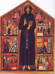 Saint Francis Altarpiece by Berlinghieri, Maniera Greca
- 1235 tempura on wood, earliest known signed/dated painting of St.Francis 
- Franciscan order - everyone join in his sect, wear his look
- shows off stigmata/wounds in hands and feet - like christ's wounds
-flanked by 2 angels in byzantine style, frontal style, lack modeling, halo
-gold leaf emphasizes flatness, flat style 
-other scenes suggest byzantine illuminated manuscripts,
- right: preaching to birds, believed that Francis could talk to animals through connection w/God, stippling tech in mountains/birds, used to make appear as if plants are twinkling 
-philosophy, be closer to god through nature
-upper right: receiving wounds from angels from christ, role of religious order, allieviate suffering of mankind
-believed in simplicity, not fall pray to material goods, so francis went around nude everywhere herp derp
-flattened space, strict frontality, very flat but livened w/stippling, emotional resonance, narratives contrast rigid form of francis w/action