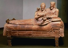 Sarcophagus of the Spouses Etruscan. c. 520 B.C.E. Terra cotta The Sarcophagus of the Spouses as an object conveys a great deal of information about Etruscan culture and its customs. The convivial theme of the sarcophagus reflects the funeral customs of Etruscan society and the elite nature of the object itself provides important information about the ways in which funerary custom could reinforce the identity and standing of aristocrats among the community of the living.