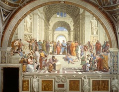 School of Athens 1510

Answer these questions: 
1. Who is the artist?
2. List three qualities that make this a renaissance masterpiece.
3. Explain: how is humanism, secularism, and/or individualism revealed in this work of art?
