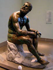Seated boxer Hellenistic Greek. c. 100 B.C.E. Bronze The sculpure shows both body and visage to convey personality and emotion. It shows transformation of pain into bronze, a parallel of recent photos of our contemporary Olympic athletes after their strenuous competitions.