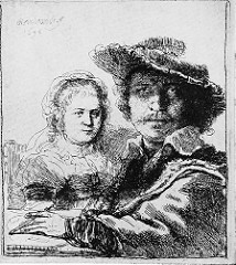 Self-Portrait with Saskia Rembrandt van Rijn. 1636 C.E. Etching Rembrandt stand out among his contemporaries is that he often created multiple states of a single image. This etching, for example, exists in three states. By reworking his plates he was able to experiment with ways to improve and extend the expressive power of his images.