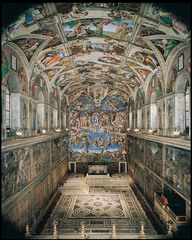 Sistine Chapel ceiling and altar wall frescoes Vatican City, Italy. Michelangelo. Ceiling frescoes: c. 1508-1512 C.E.; altar frescoes: c. 1536-1541 C.E. Fresco The paintings depict nine stories from the Christian Bible's Book of Genesis, including the most famous image, the Creation of Adam (right). Taken together, the paintings are considered one of the world's greatest art masterpieces. Their realistic and extremely detailed depictions of some of Judaism's and Christianity's most famous moments are a wonder to all who see them.