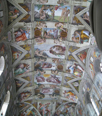 Sistine Chapel ceiling Michelangelo 1508-12 Vatican City, Rome - old testament stories, from book of Genesis - Michelangelo-esque massiveness to figures, muscularity - awesome