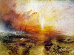 Slave Ship Joseph Mallord William Turner. 1840 C.E. Oil on canvas Slave Ship is a perfect example of a romantic landscape painting. His style is expressed more through dramatic emotion, sometimes taking advantage of the imagination. Instead of carefully observing and portraying nature, William Turner took a landscape of a stormy sea and turned it into a scene with roaring and tumultuous waves that seem to destroy everything in its path. Turner's aims were to take unique aspects of nature and find a way to appeal strongly to people's emotions.