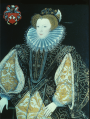 Spanish influenced gown with contrasting fabrics. Note the stiffness. Hanging sleeves, cuffs and ruff. sugarloaf. piccadils on her sleeves. The bodice is similar to a male doublet.