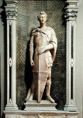 St. George by Donatello, 15th Cen. Italian Ren
- proud, idealistic man, individualised st George in armor
- bold firmness, erect concentrated pose 
- slightly contorted position, readiness and challenge, ready to fight and win, intensity