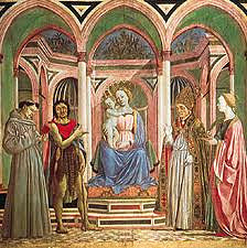 St. Lucy Altarpiece by Veneziano, 15th Cen. Italian Ren
- pastels = blond palate
- composition of sacred individuals, not typically together because of different time frames
- imagine their conversations 
- madonna/child, st francis, st john the baptist, st lucy, 
- opulent setting, elongation yet individualized, very solid/weighty 
- solemn dignity
- detatchment between mother and child 
- indoor setting opened to outside/outdoors 
- pointed gothic arches, groin vaulted
- ceiling open to sky, natural sunlight, atmospheric luminosity, less severe modeling