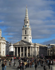 St. Martin-in-the-Fields, 1721, James Gibbs, London, England.
- Invented the Protestant church with a temple portico, surmounted by a spire fronting a basilical hall for preaching rather than liturgy.