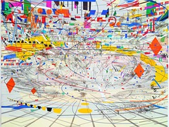 Stadia II Julie Mehretu. New York. 2004 C.E. Ink and acrylic on canvas Stadia II is meant to portray a large stadium, A sports arena. Country flags, confetti, and the eruption of the crowd are prevalent.