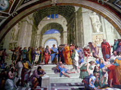 Stanza della Segnatura - School of Athens by Raphael, High Ren
- Fresco painting, pretty big
- philosophers of old generations trying to teach new generation
- mass coffered barrel vaulted hall - roman architecture - looks like new st peter's basilica
- figures arranged around central Plato (neoplatonism) and Aristotle 
- Aristotle points to ground = reality is earthbound, realism, while plato points up - idealism
- statues Apollo and Athena, balance of philosophy from gods of wisdom
- Plato side : mysteries that transcend the world
- Aristotle side : nature and concerns of men
- lower left: Pythagoras - writes w/servant holding up harmonic scale, foreground - Heraclitus = pessimistic Michaelangelo
- lower right: Euclid w/compass = Bramante, Raphael amongst scientists/mathematicians, Ptolem y holding a globe
- human drama, eloquent poses symbolizing doctrines, self assurance/dignity, all part of reason, balance, measured, each group unified by different moods
- two main figures silhouetted against the sky, elliptical composition of figures, reconciles schools of plato and aristotle, 
- Diogenes, 'the Cynic' alone with his bowl