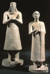 Statue of Votive figures from the Square Temple at Eshnunna Sumerian. c. 2700 B.C.E. Gypsum inland with shell and black limestone Surrogate for donor and offers constant prayer to deities. Placed in the Temple facing altar of the state gods